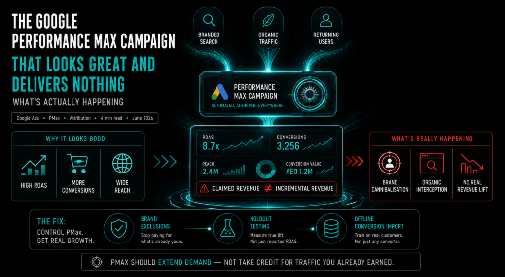 Performance Max campaign dashboard showing branded search, organic traffic, and returning users being credited as paid conversions instead of real incremental growth.