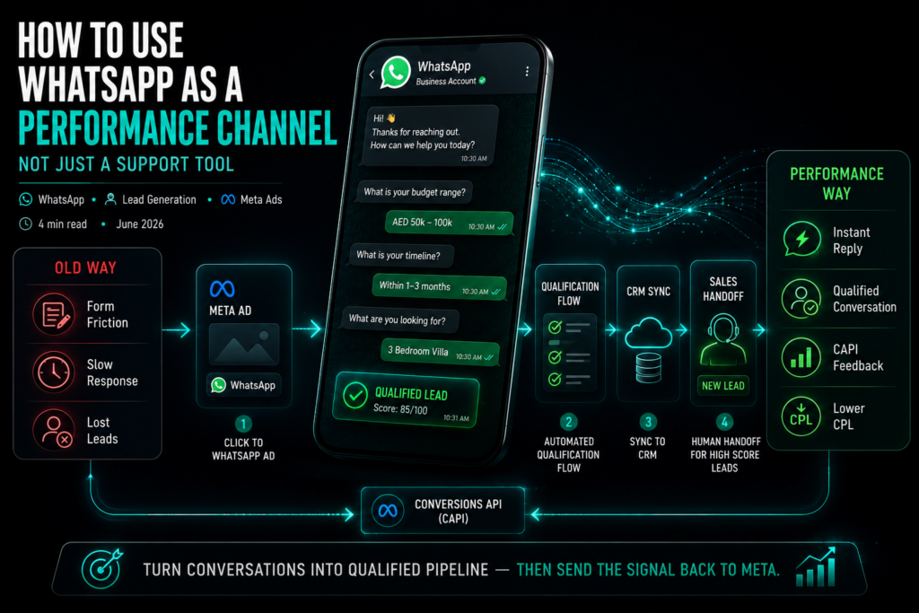 WhatsApp performance channel banner showing Meta ad clicks flowing into automated chat qualification, CRM sync, sales handoff, and CAPI feedback.
