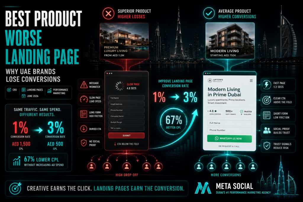 Landing page CRO banner showing how a strong product loses conversions through a slow, mismatched page, while an optimized page improves conversion rate from 1% to 3%.
