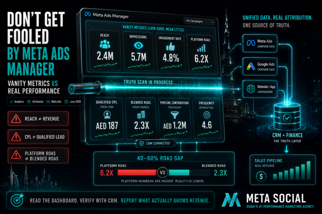 Meta Ads Manager analytics banner showing vanity metrics being scanned against CRM and finance data to reveal real performance, blended ROAS, and pipeline revenue.