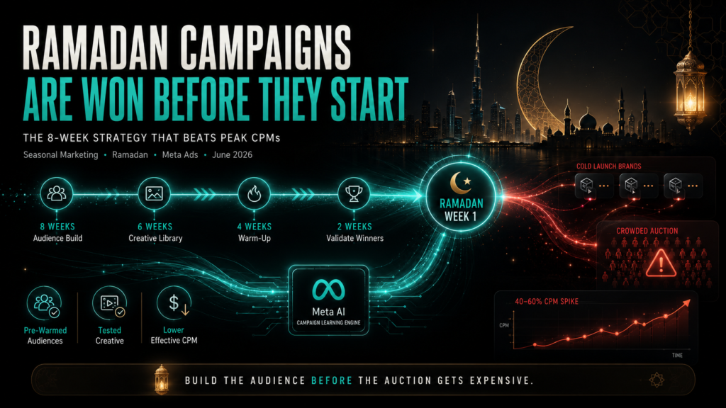 Ramadan campaign strategy banner showing an 8-week preparation timeline leading into Ramadan Week 1, with pre-warmed audiences, tested creatives, and lower CPM signals.