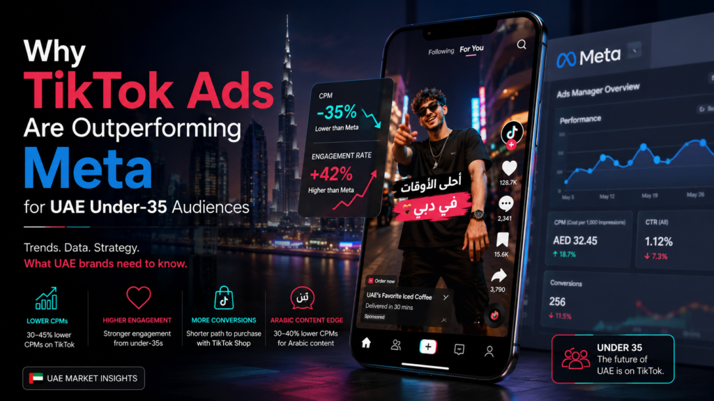 TikTok and Meta ad performance comparison for UAE under-35 audiences, showing lower CPMs, higher engagement, Arabic content opportunity, and Dubai digital marketing insights.
