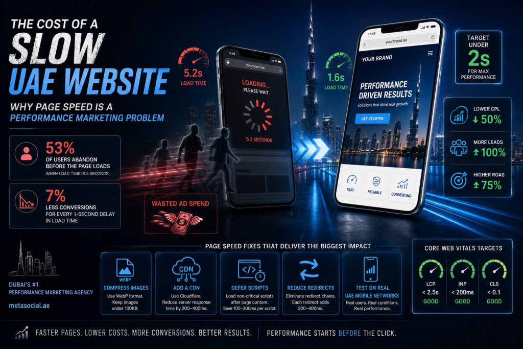 Dubai-themed website speed optimization banner showing a slow-loading mobile website versus a fast-loading optimized website, highlighting reduced abandonment, improved conversions, lower CPL, and better marketing performance through faster page speed.