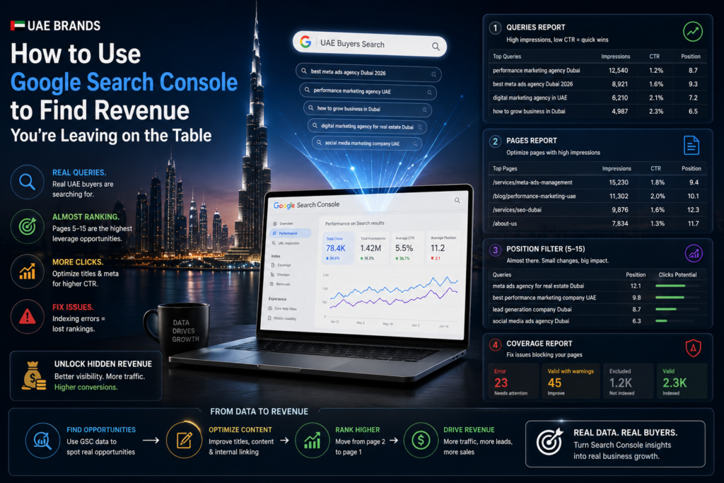 Google Search Console banner showing UAE brands using real search query data, CTR, ranking positions, and coverage reports to uncover SEO revenue opportunities.