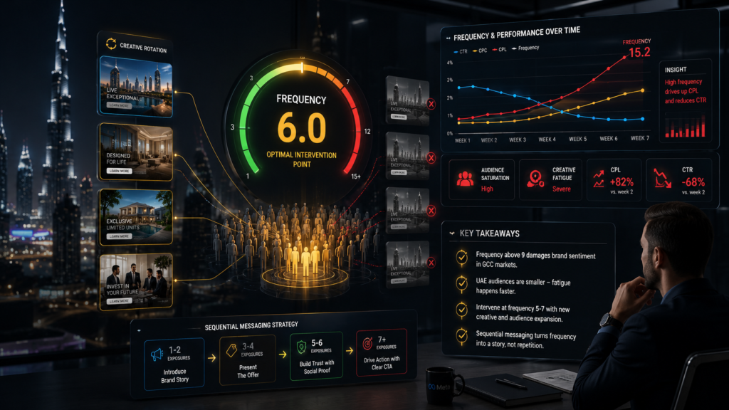 Meta ads frequency capping banner showing a Dubai marketing dashboard with a frequency gauge, audience fatigue alerts, creative rotation, and sequential messaging strategy.