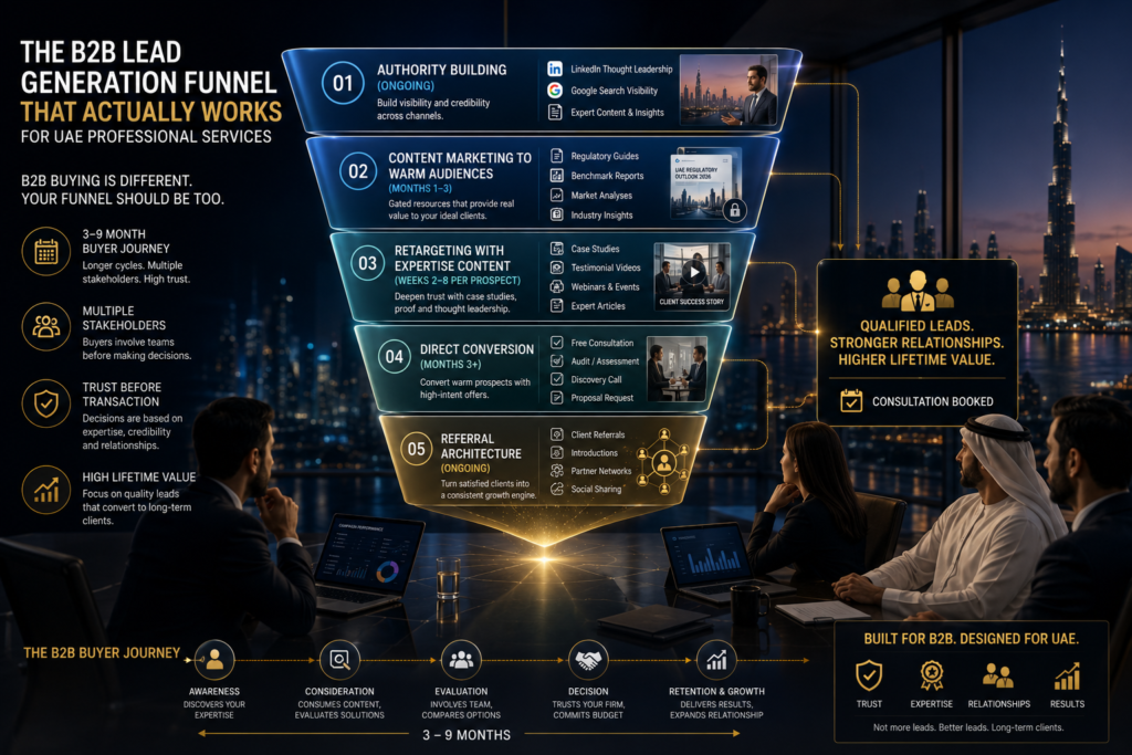 B2B lead generation funnel banner showing UAE professional service decision-makers in a Dubai boardroom, with a five-stage funnel from authority building to referrals and qualified leads.