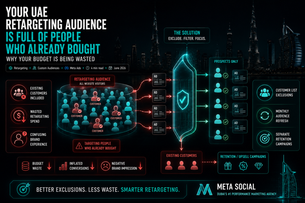 UAE retargeting audience banner showing existing customers being filtered out through exclusion lists so ads only reach real prospects and reduce wasted budget.