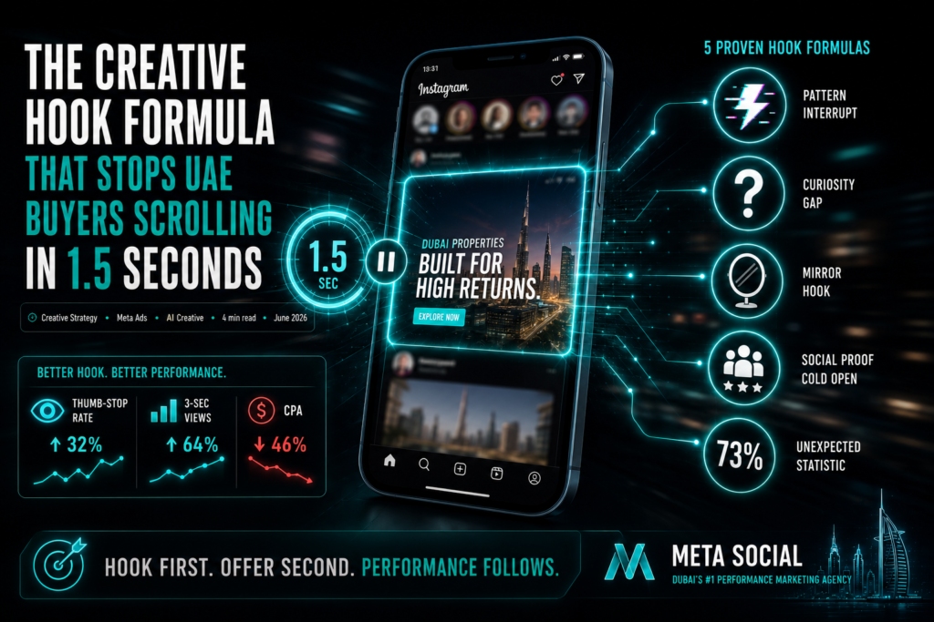 Creative hook formula banner showing a paused Instagram ad capturing UAE buyers in 1.5 seconds, with hook types and performance metrics highlighted.