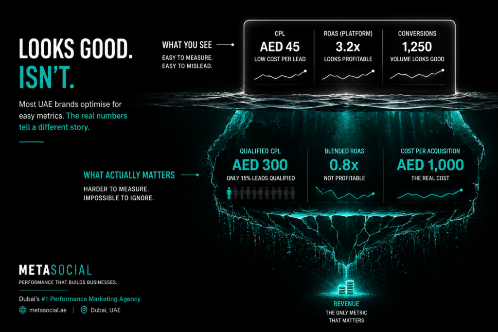 UAE performance marketing concept showing difference between platform metrics like CPL and ROAS versus real business metrics like qualified CPL blended ROAS and revenue