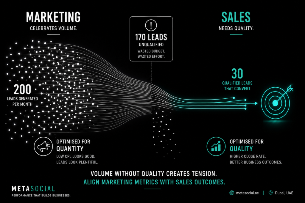 UAE lead generation concept showing disconnect between marketing lead volume and sales qualified leads with only a small portion converting into real opportunities