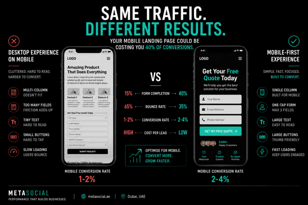 UAE mobile landing page optimization concept showing poor desktop style mobile experience versus optimized mobile first design improving conversion rates