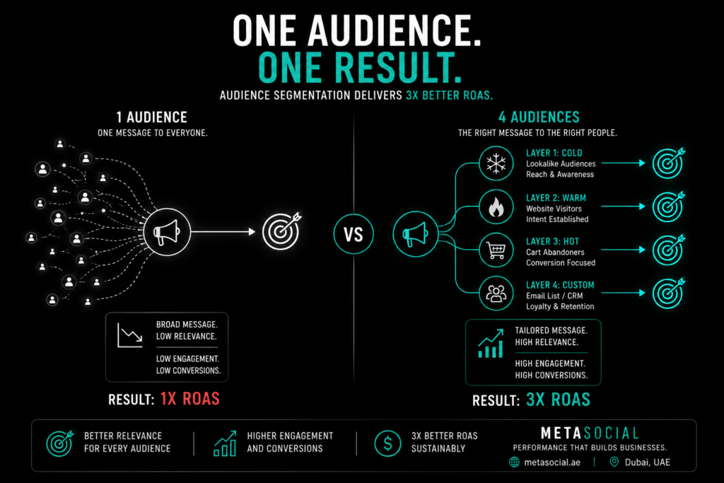 UAE audience segmentation concept showing single audience targeting versus four segmented audiences improving engagement conversions and ROAS