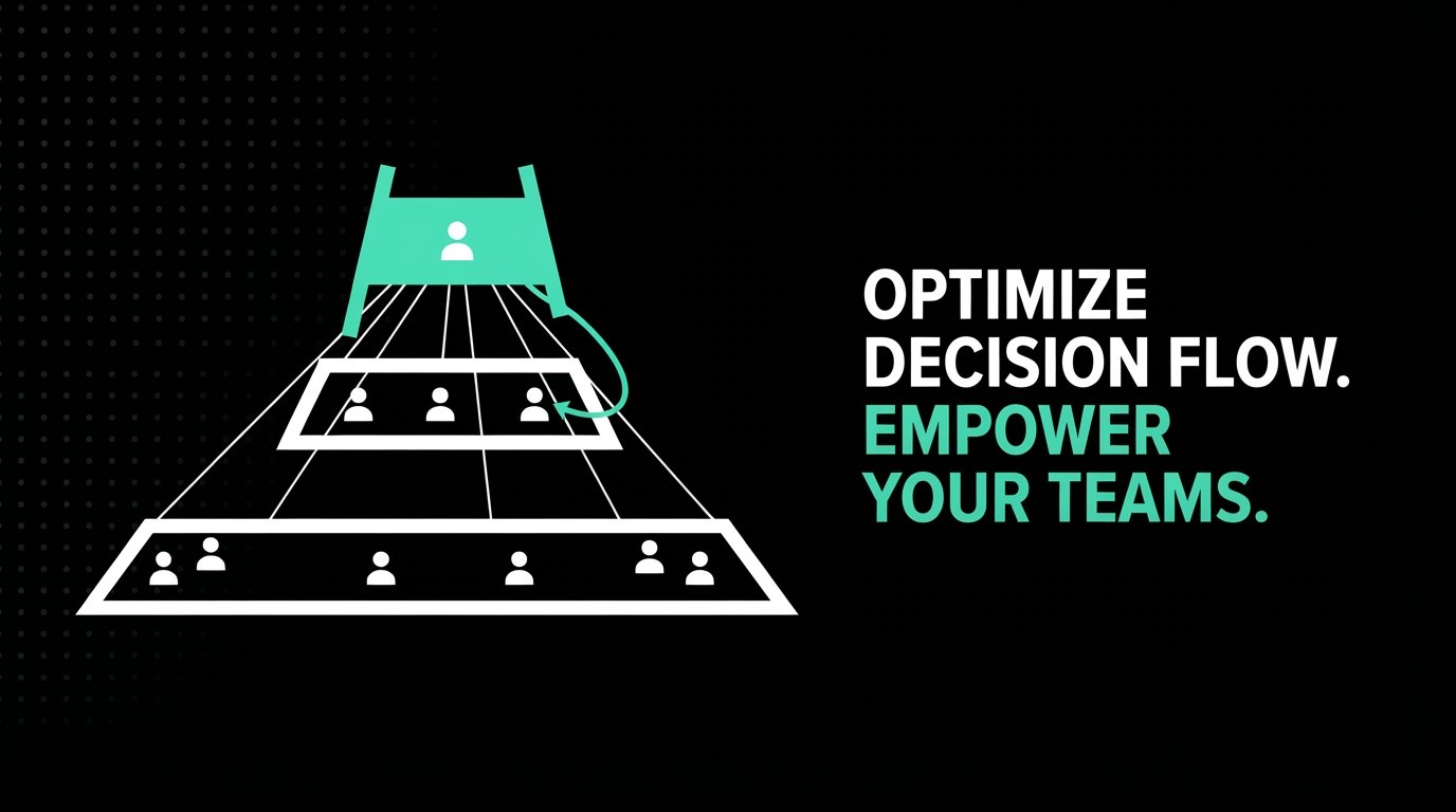 Marketing graphic representing organizational decision flow with the headline: "OPTIMIZE DECISION FLOW. EMPOWER YOUR TEAMS."