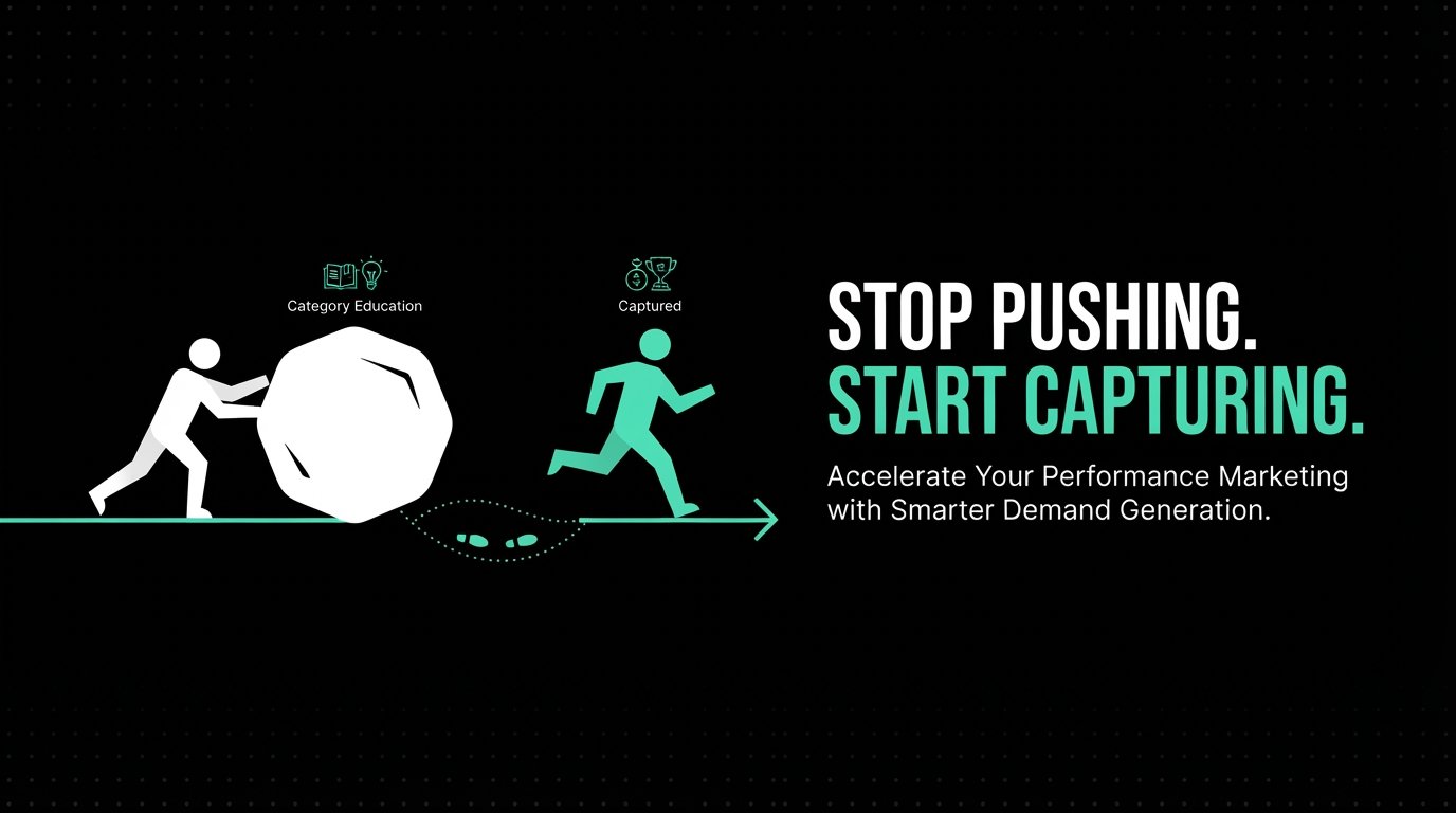 Performance marketing banner with the headline "STOP PUSHING. START CAPTURING." and an illustration contrasting the struggle of heavy category education against the efficiency of capturing existing demand.