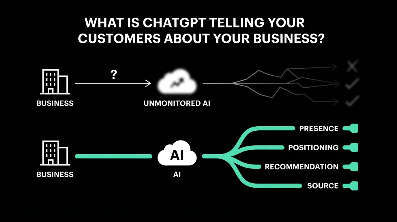 ChatGPT business visibility diagram showing how AI answers influence brand presence, positioning, recommendations, and source visibility.