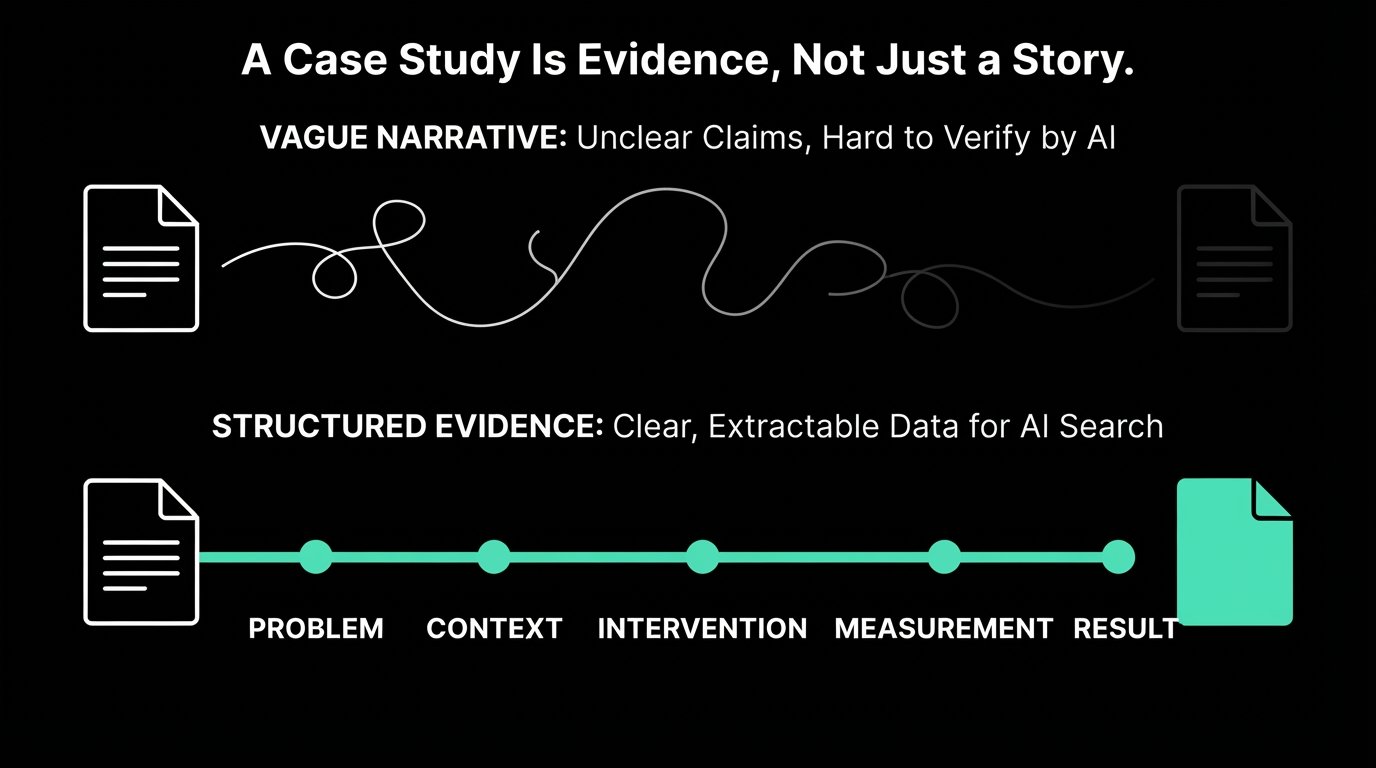 Case study showing vague marketing claims versus structured evidence with problem, context, intervention, measurement, and results for AI search.