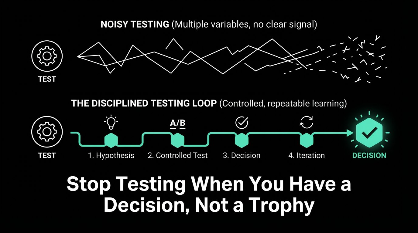 Disciplined A/B testing loop showing hypothesis, controlled testing, decision, and iteration for data-driven marketing optimization.